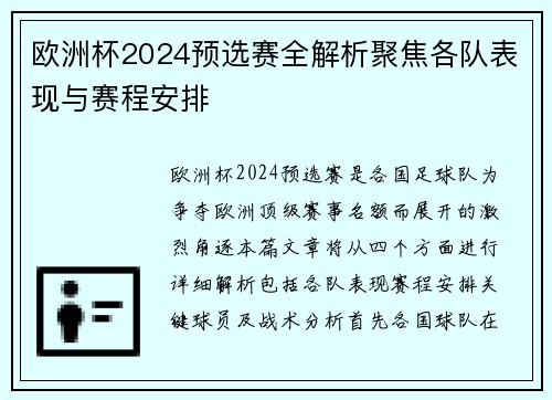 欧洲杯2024预选赛全解析聚焦各队表现与赛程安排