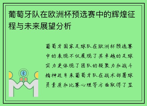 葡萄牙队在欧洲杯预选赛中的辉煌征程与未来展望分析